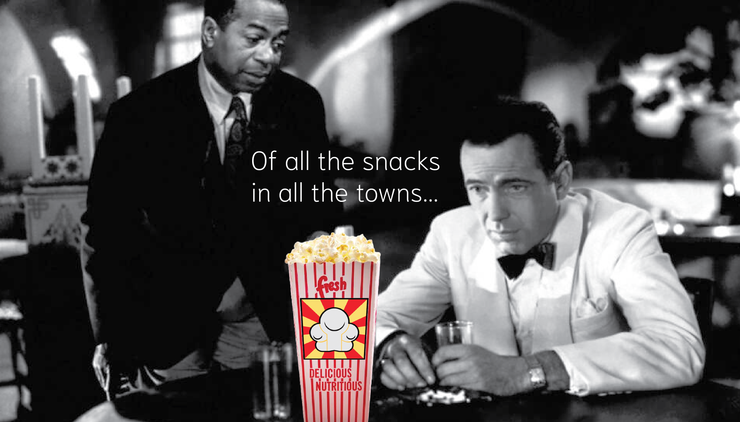 Casablanca Popcorn advertising teaser: a classic black-and-white film still with branded popcorn