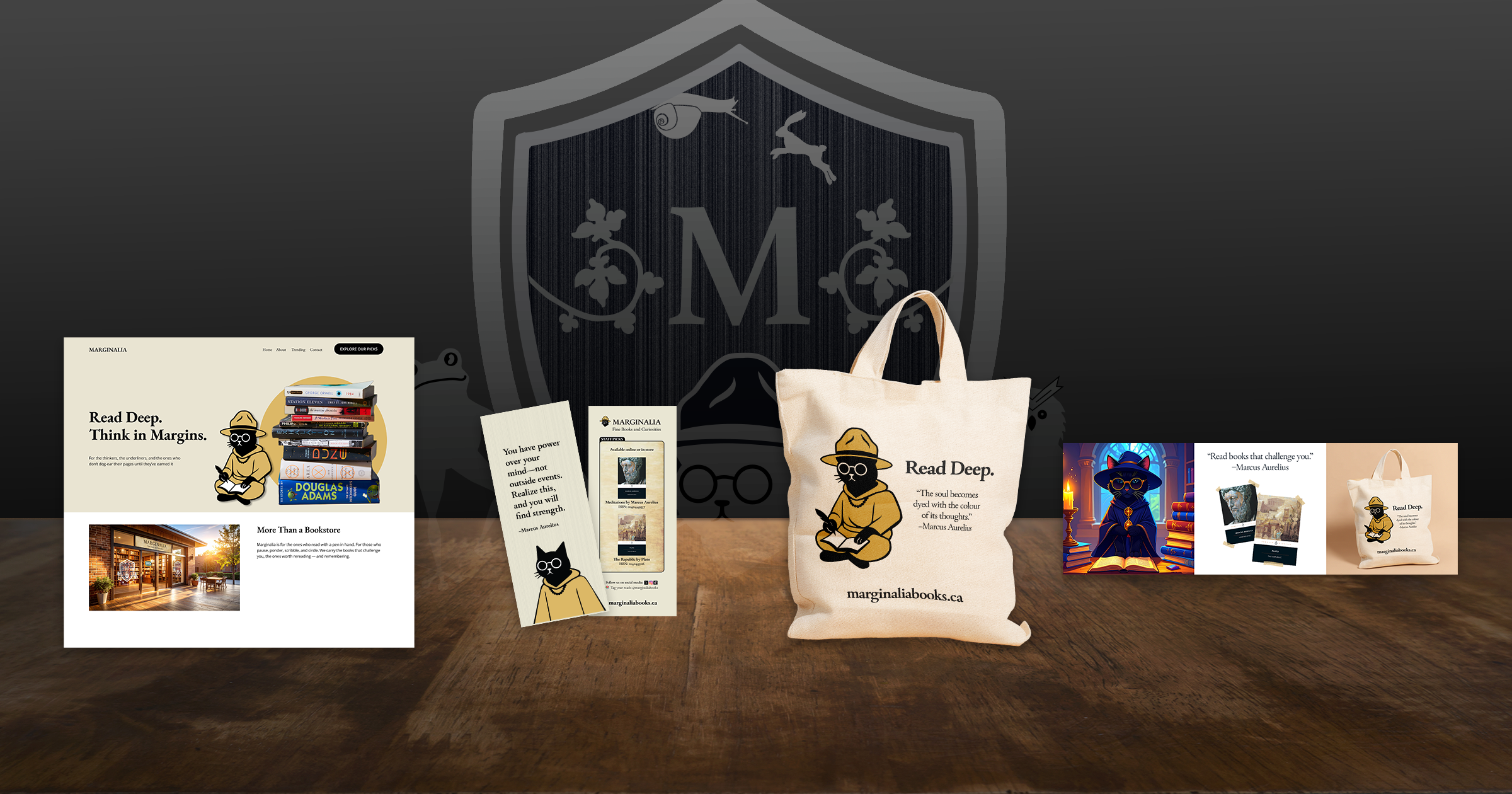 Marginalia brand assortment including website, bookmark, tote bag, character art, and social applications