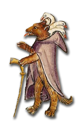 Dog with a walking cane and ducks in its hood from the Marginalia moodboard