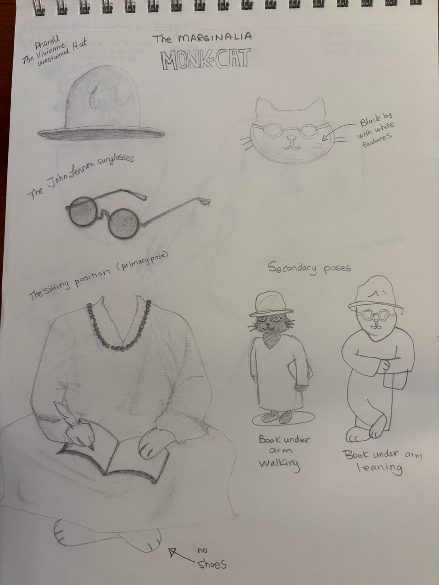 Sketchbook studies for the Marginalia Monk Cat character, including hat, glasses, and pose explorations